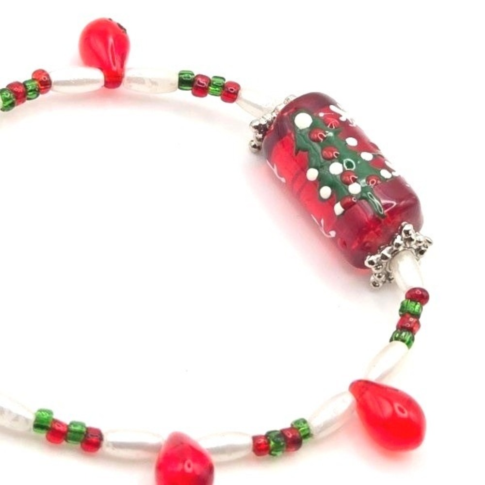 Christmas Tree Glass Bead Bracelet Red Green White Festive Holiday Jewelry Kids